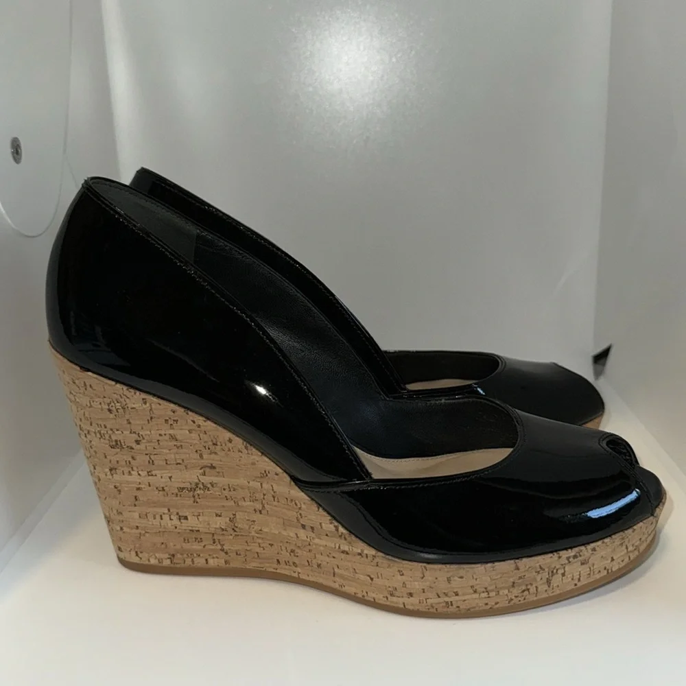 Via Spiga Black Patent Leather & Cork Platform Wedges Peep Toe Women’s 8